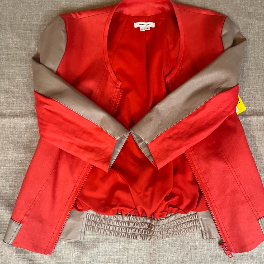 Helmut Lang Coral Linen Blend & Leather Bomber Jacket, size S